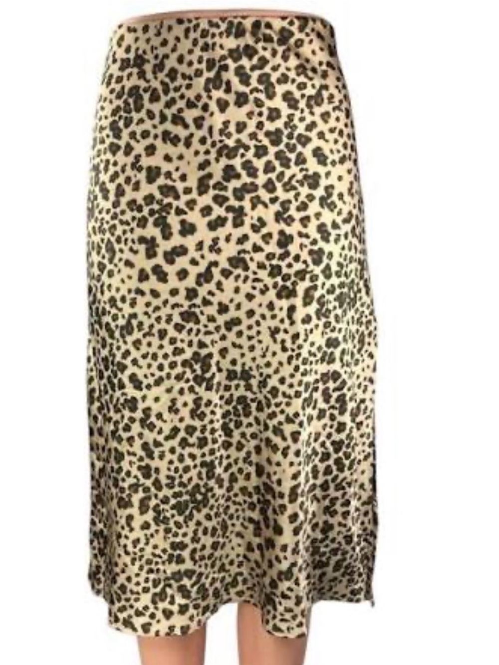 Abercrombie & Fitch Beige Black Silk Satin Leopard Slit Slip Midi Skirt